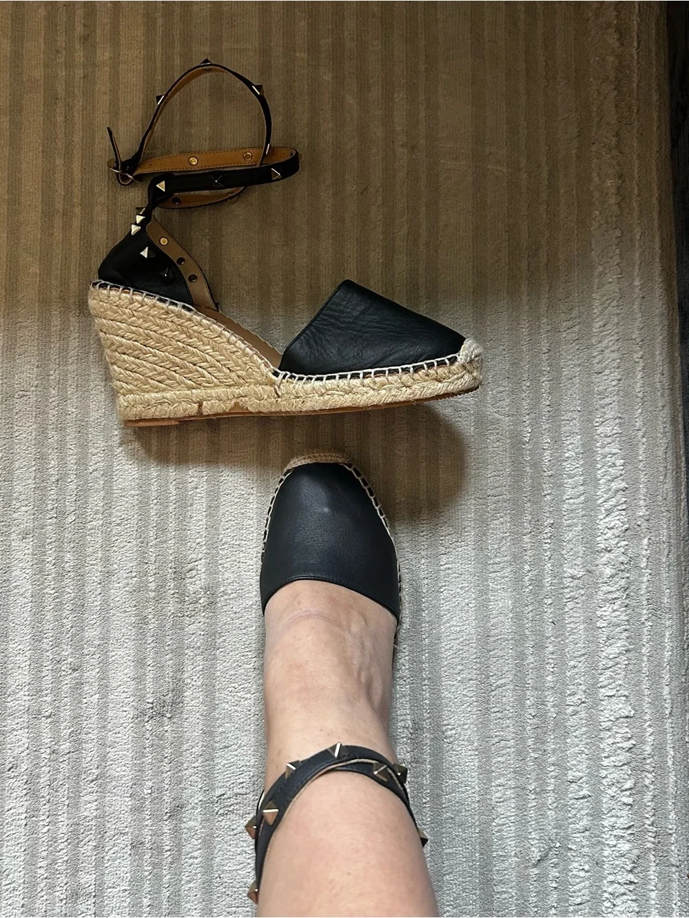 Black Studded Ankle-Tie Espadrille Wedge
